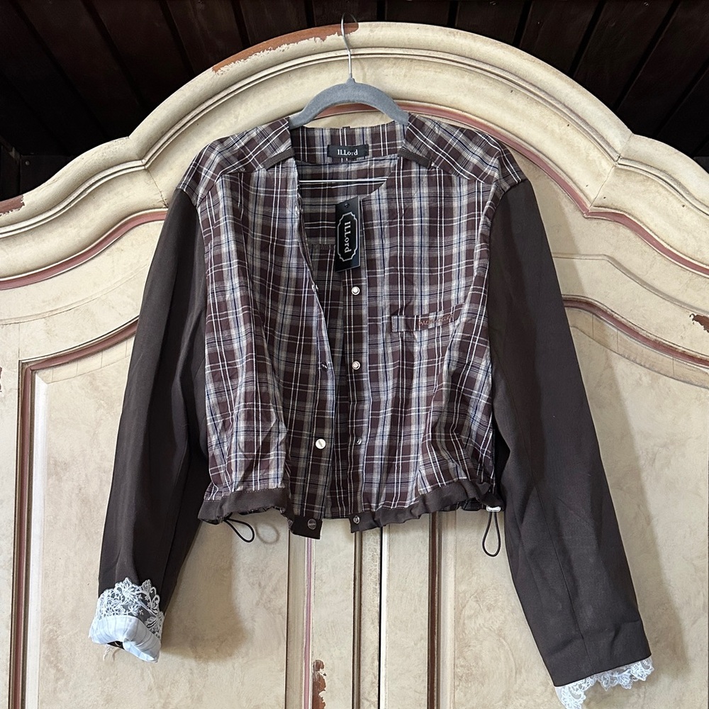 NWT ILLord Brown Plaid & Solid-Sleeve Women's Jacket with Lace accent